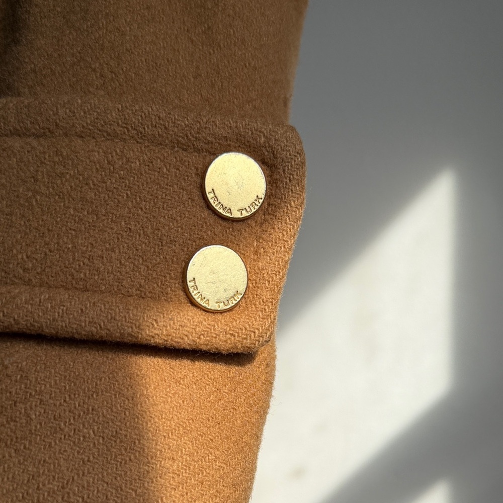 Trina Turk Tan Wool Coat with Coyote Fur Hood - Picture 5 of 16